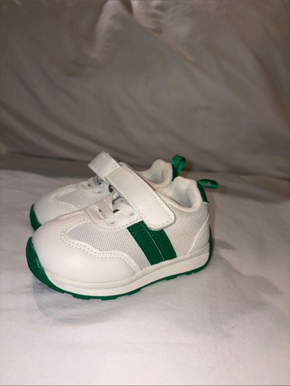 Kids White Sneakers with Green Accent Strap - Velcro Athletic Shoes